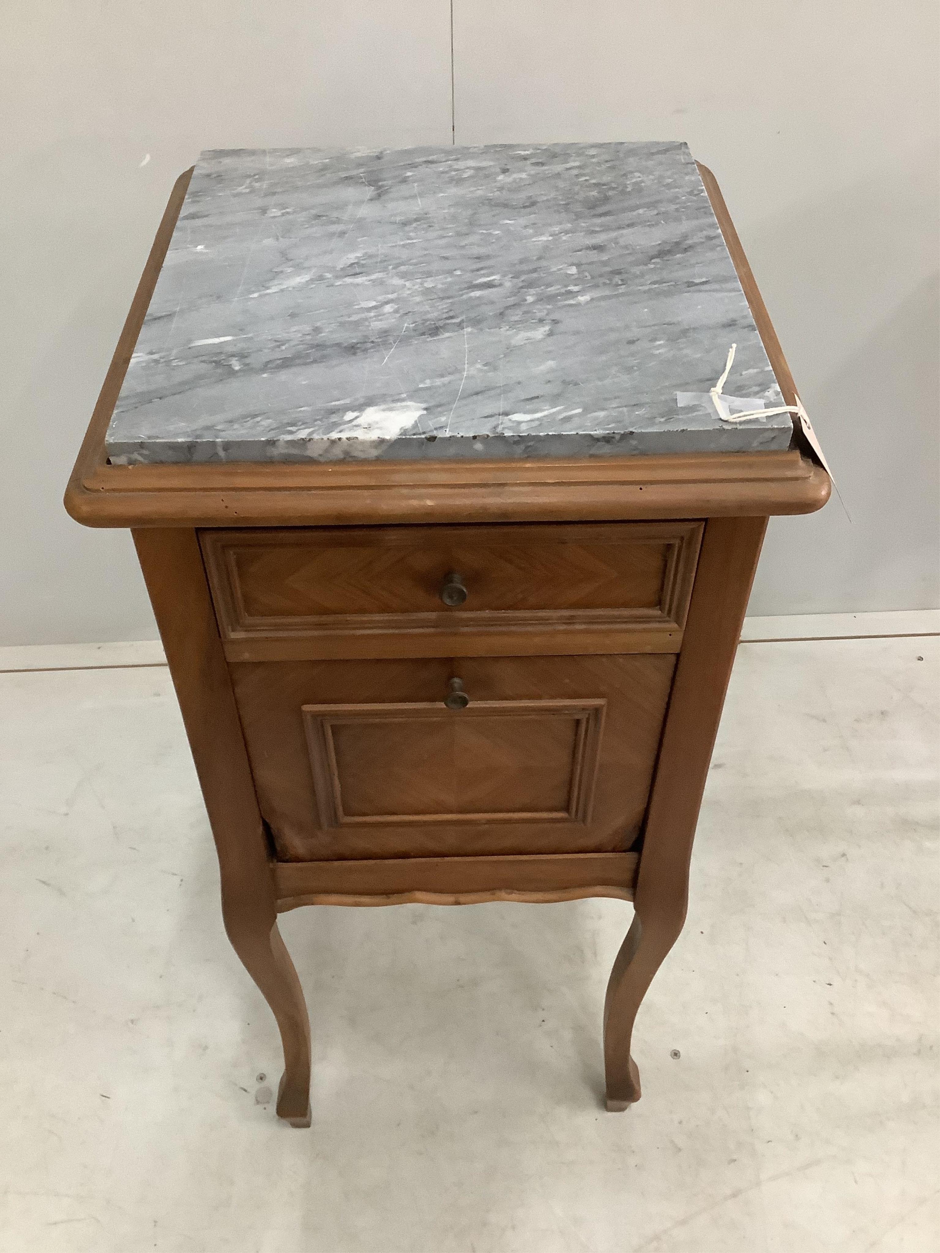 A pair of French marble top walnut bedside cabinets, width 38cm, depth 38cm, height 85cm. Condition - fair to good